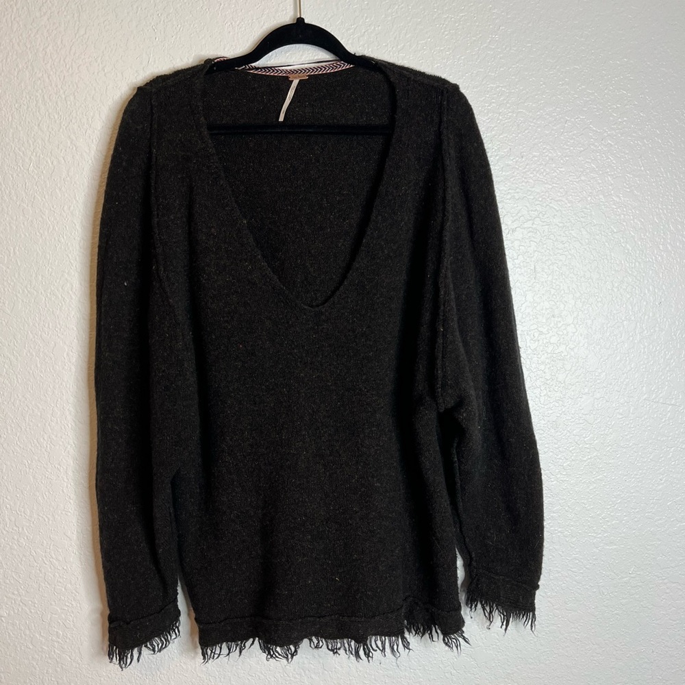 Black Toned Free People Raw Hem V Neck Sweater Wool Linen Blend